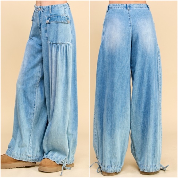 Light Wash Pocket Wide Leg Ankle 2 way Wide leg Pants - Picture 4 of 5